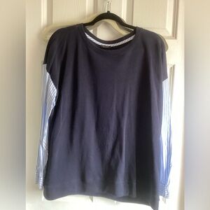 Talbots XL Navy Sweatshirt with Blue-White Striped Shirt Sleeves